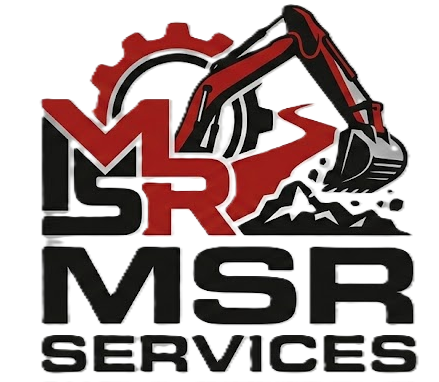 Logo for MSR Services featuring a red excavator arm, a gear, and rocky terrain above the company name in black text.