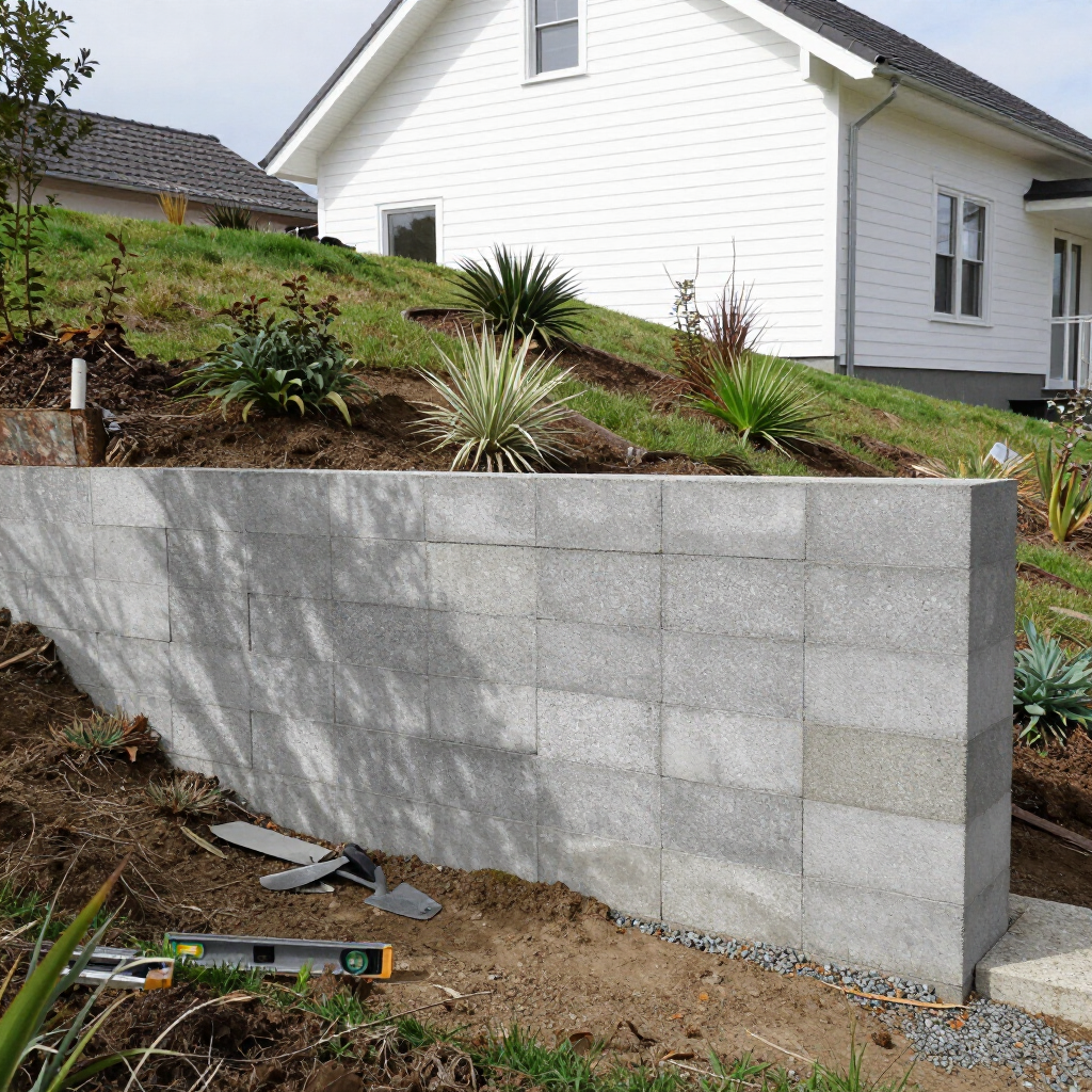 A newly constructed grey concrete block retaining wall sits on a sloped hillside in front of a white house. A newly constructed grey concrete block retaining wall sits on a sloped hillside in front of a white house.