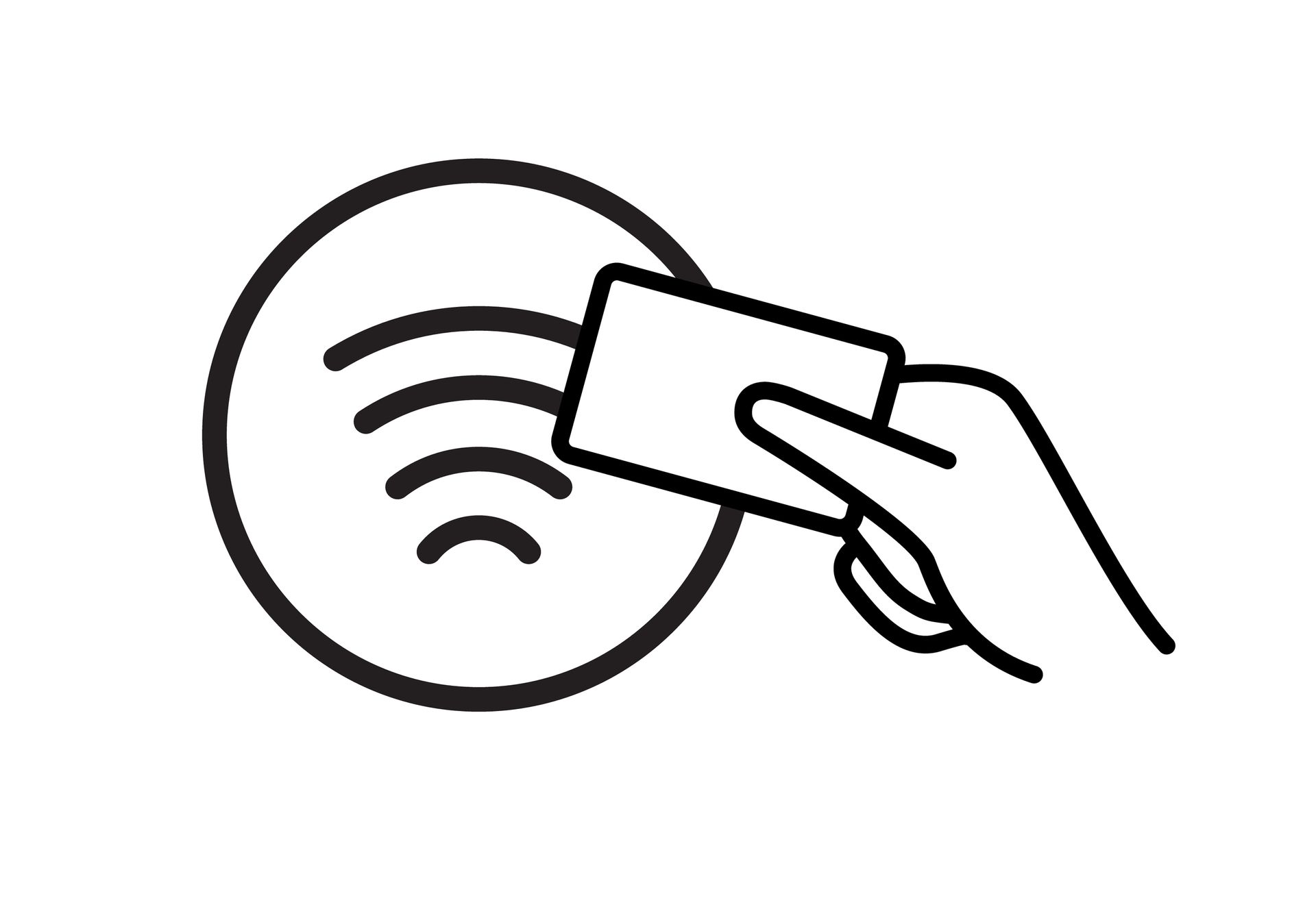 A hand is holding a card in front of a circle with waves coming out of it.