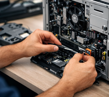 onsite technician repairing desktop pc with screw driver in. other pc parts can be seen on work bench
