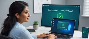 customer seated with laptop on desk and monitor behind testing their pc after malware had been removed by a repair technician