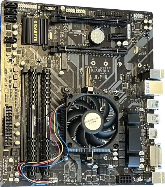 new gigabyte desktop motherboard with fan already mounted awaiting installation to pc case during custom pc build 