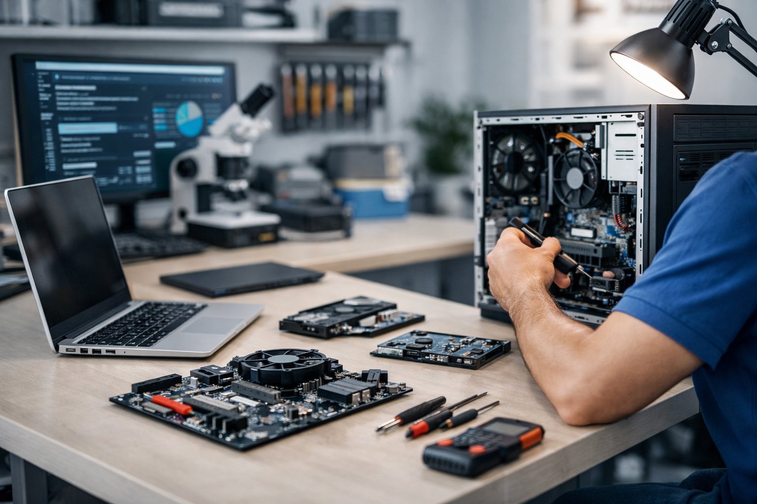 technician repairing desktop pc on desktop with motherboard, repair tools, laptop and a monitor + a microscope too on desk