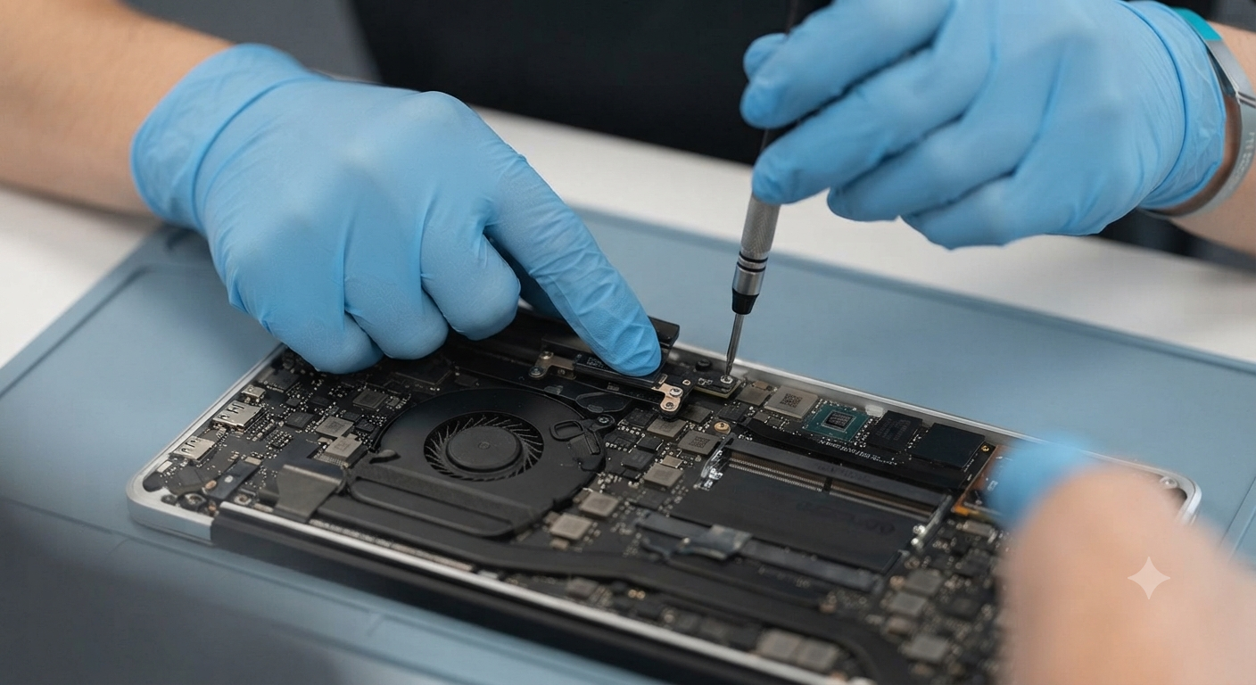 technician wearing blue gloves holding screw driver performing laptop repair onsite in Lutcher, Louisiana