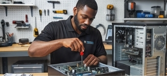 Computer repair technician working on an open desktop PC, adjusting motherboard components at a professional repair bench with tools and hardware equipment in the background.