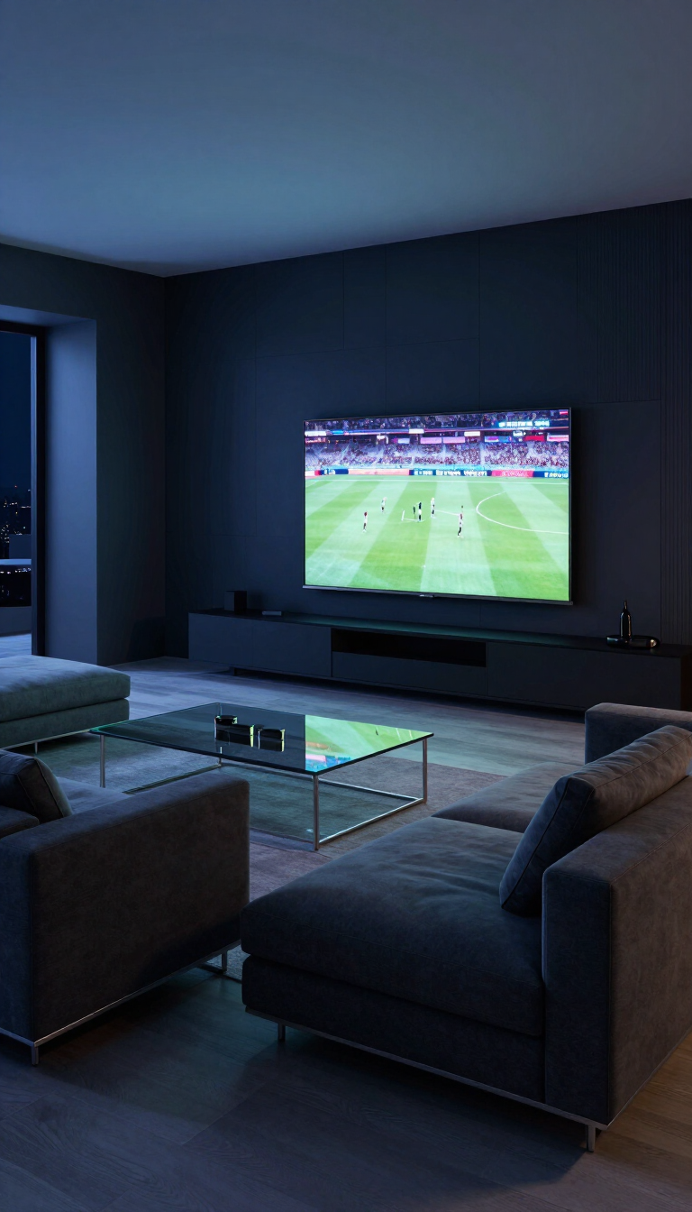 Modern living room with TV showing live sports broadcast