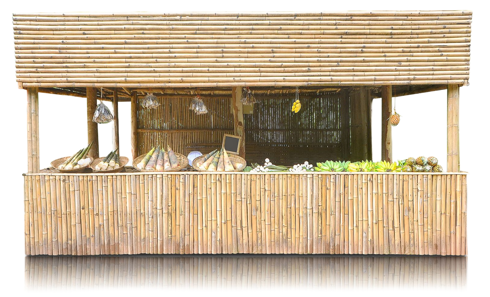 Bamboo-built market stall with various produce on display. Bamboo-built market stall with various produce on display.