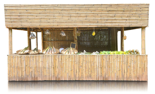 Bamboo-built market stall with various produce on display.