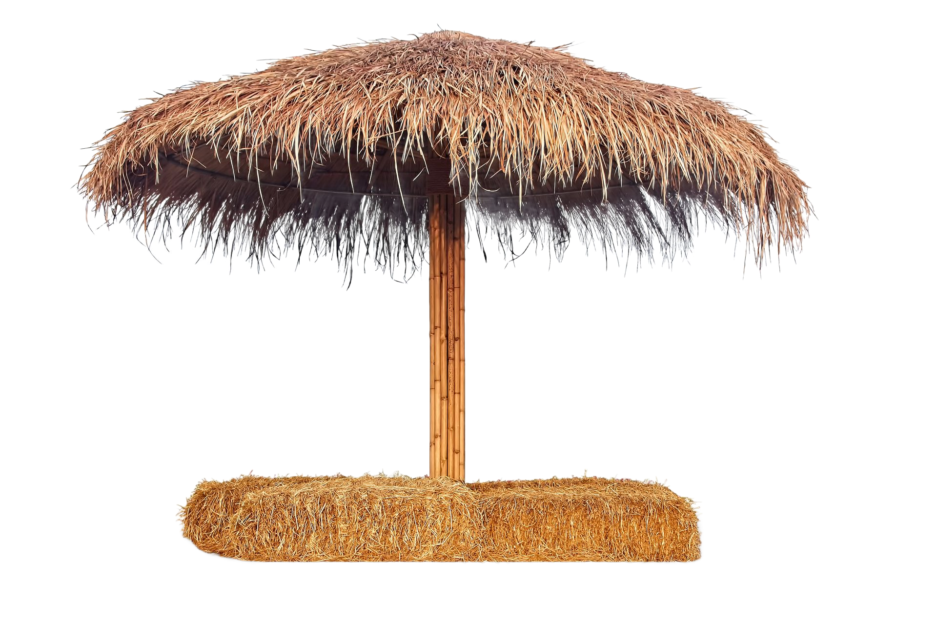 Beach umbrella with thatched roof and straw base. Beach umbrella with thatched roof and straw base.