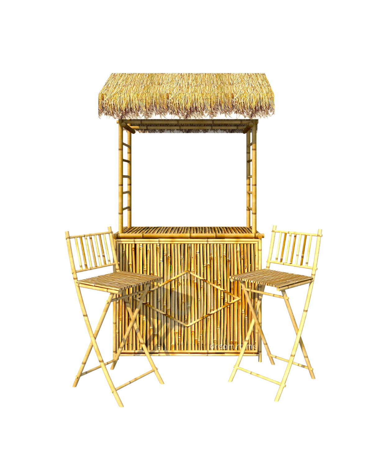 Tiki bar made of bamboo, with two bar stools and a thatched roof. Isolated on white background. Tiki bar made of bamboo, with two bar stools and a thatched roof. Isolated on white background.