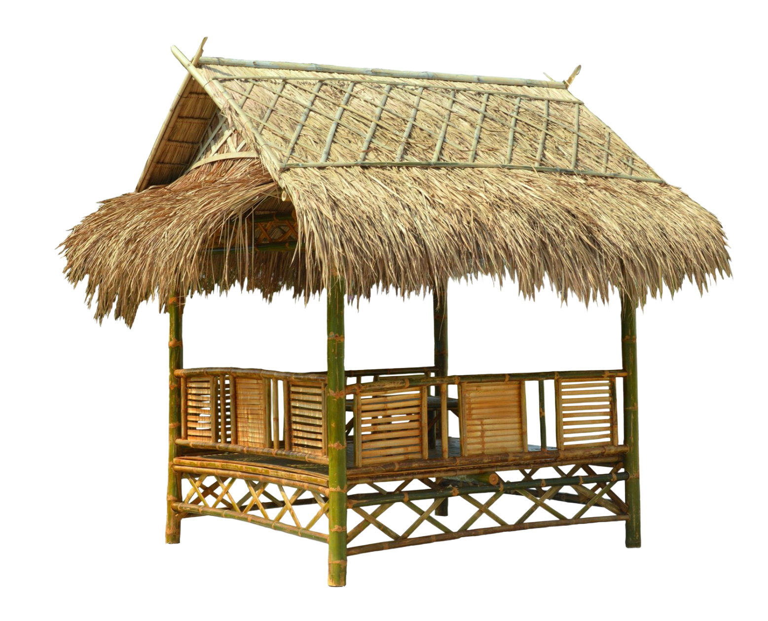 Bamboo gazebo with thatched roof, on a white background.