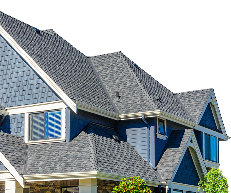 A blue house with a gray roof on a white background.