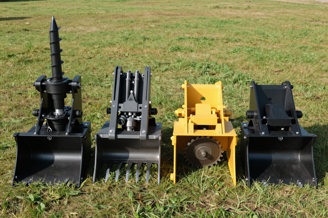 Skid steer attachments including auger, grapple, and stump grinder