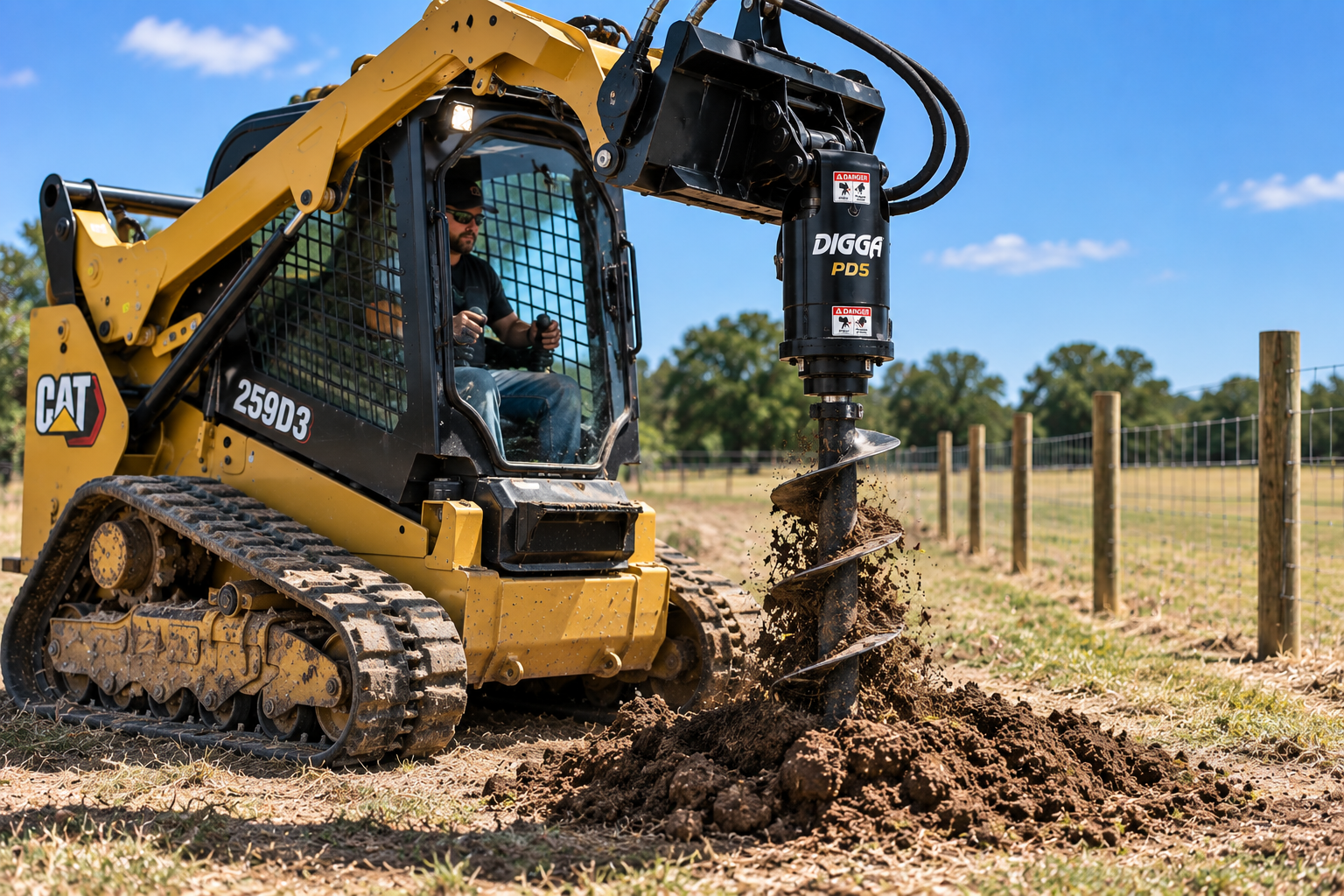 Skid steer with auger attachment drilling post holes