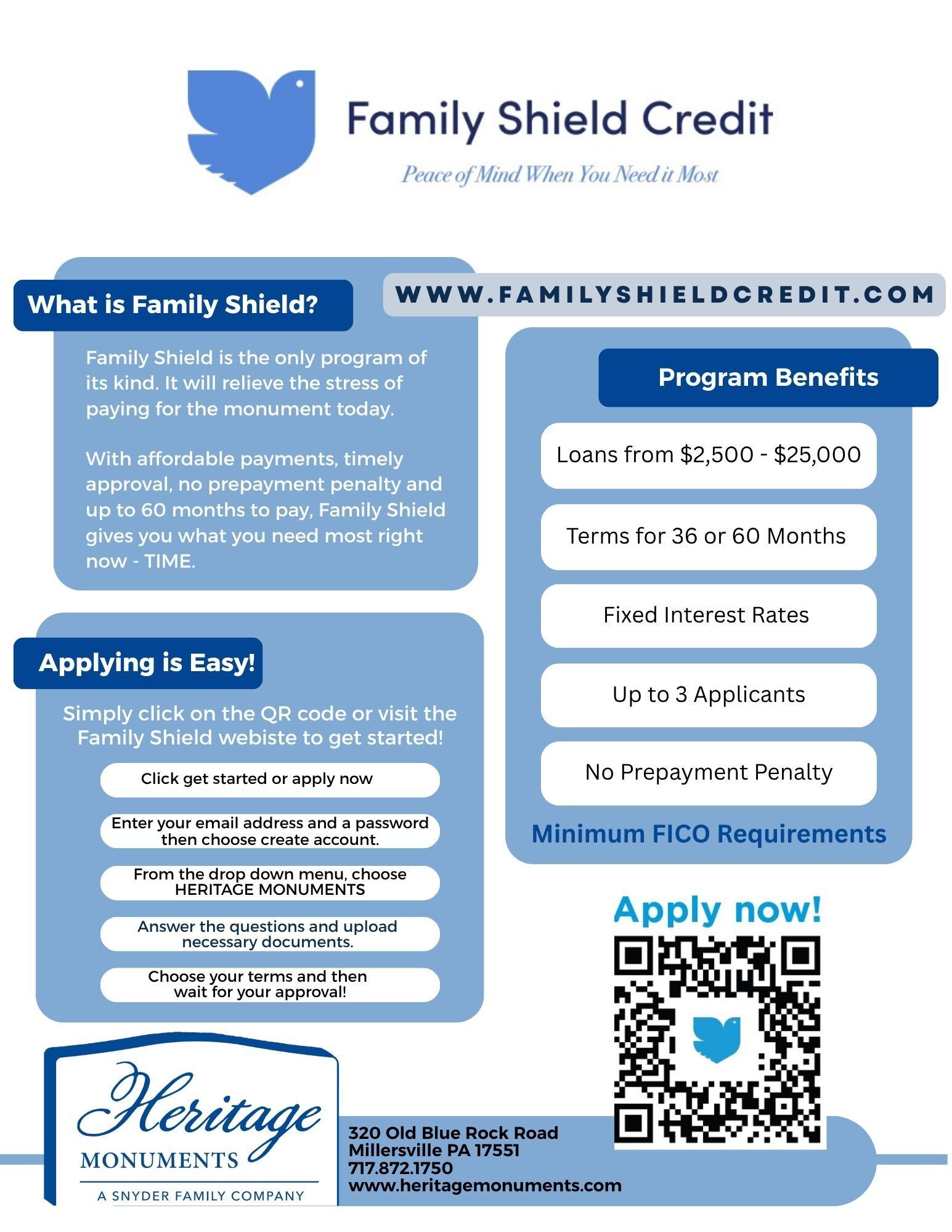 Family Shield Credit flyer with blue panels, benefits list, QR code, and Heritage logo for family credit services