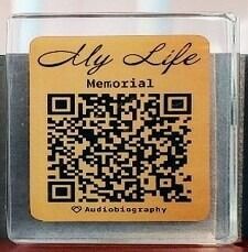 Memorial QR code plaque for “My Life,” with gold label in clear case