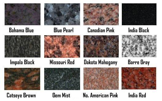 Grid of granite color samples labeled Bahama Blue, Blue Pearl, Canadian Pink, and others