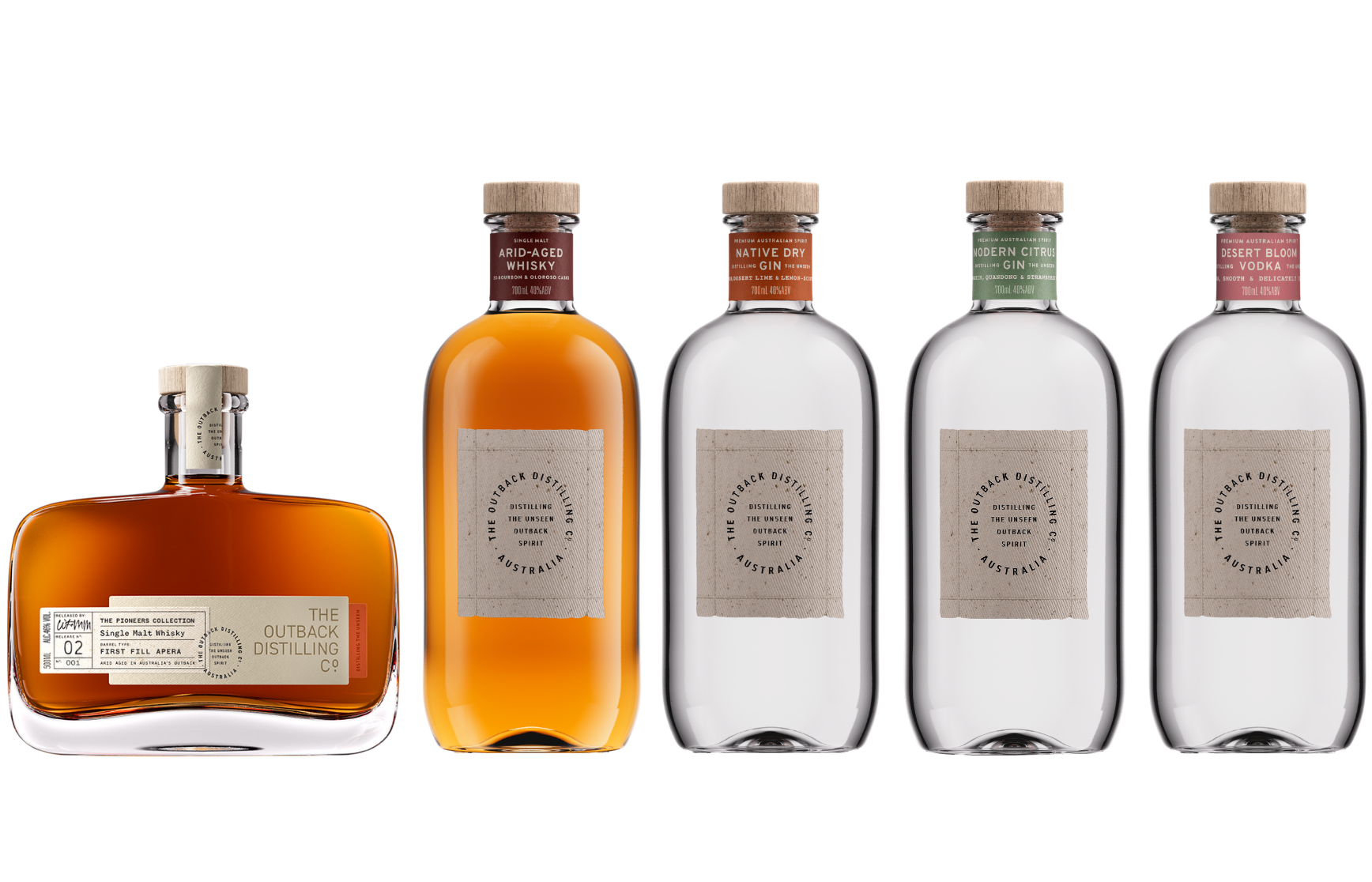 The Outback Distilling Co. whisky and gin collection including Arid-Aged Whisky, Native Dry Gin and Pioneers Collection - The Founders Cask