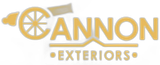 Tan Cannon Exteriors logo in gold with stylized cannon icon and text on white background