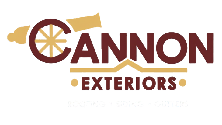 Cannon Exteriors logo in maroon and gold with stylized cannon graphic on white background