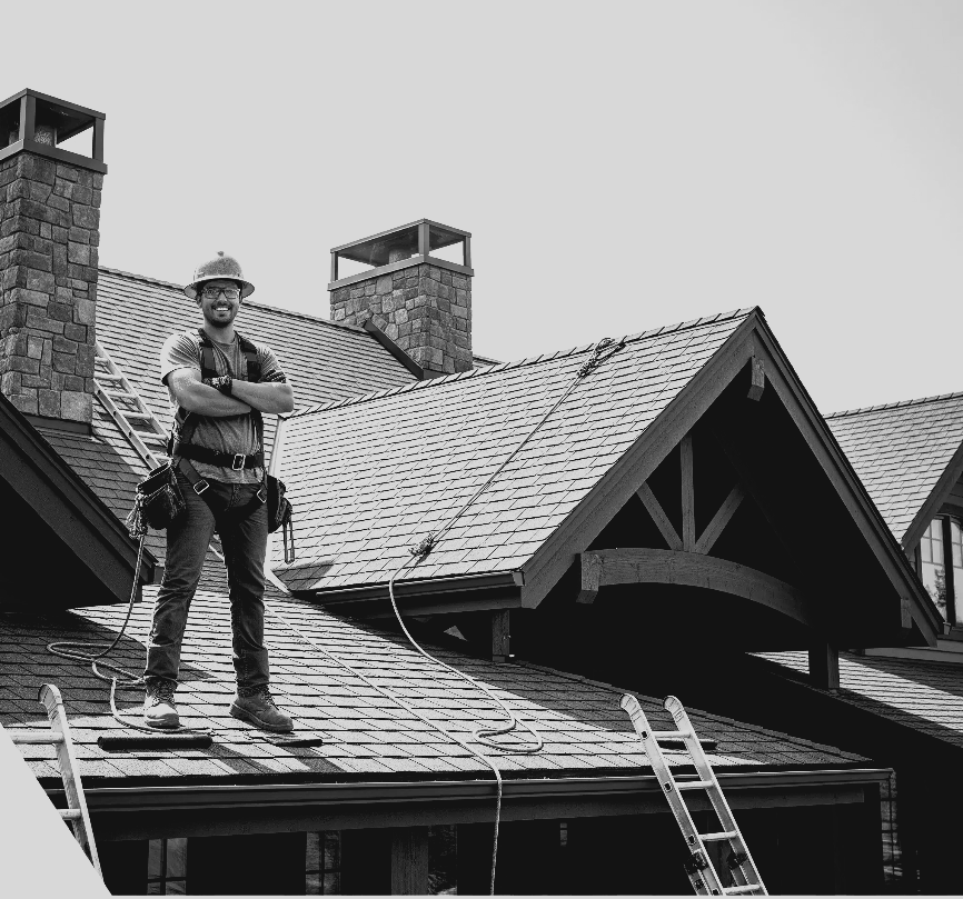 Worker standing on a shingled roof beside a ladder, inspecting a house roofline with chimneys and dormers