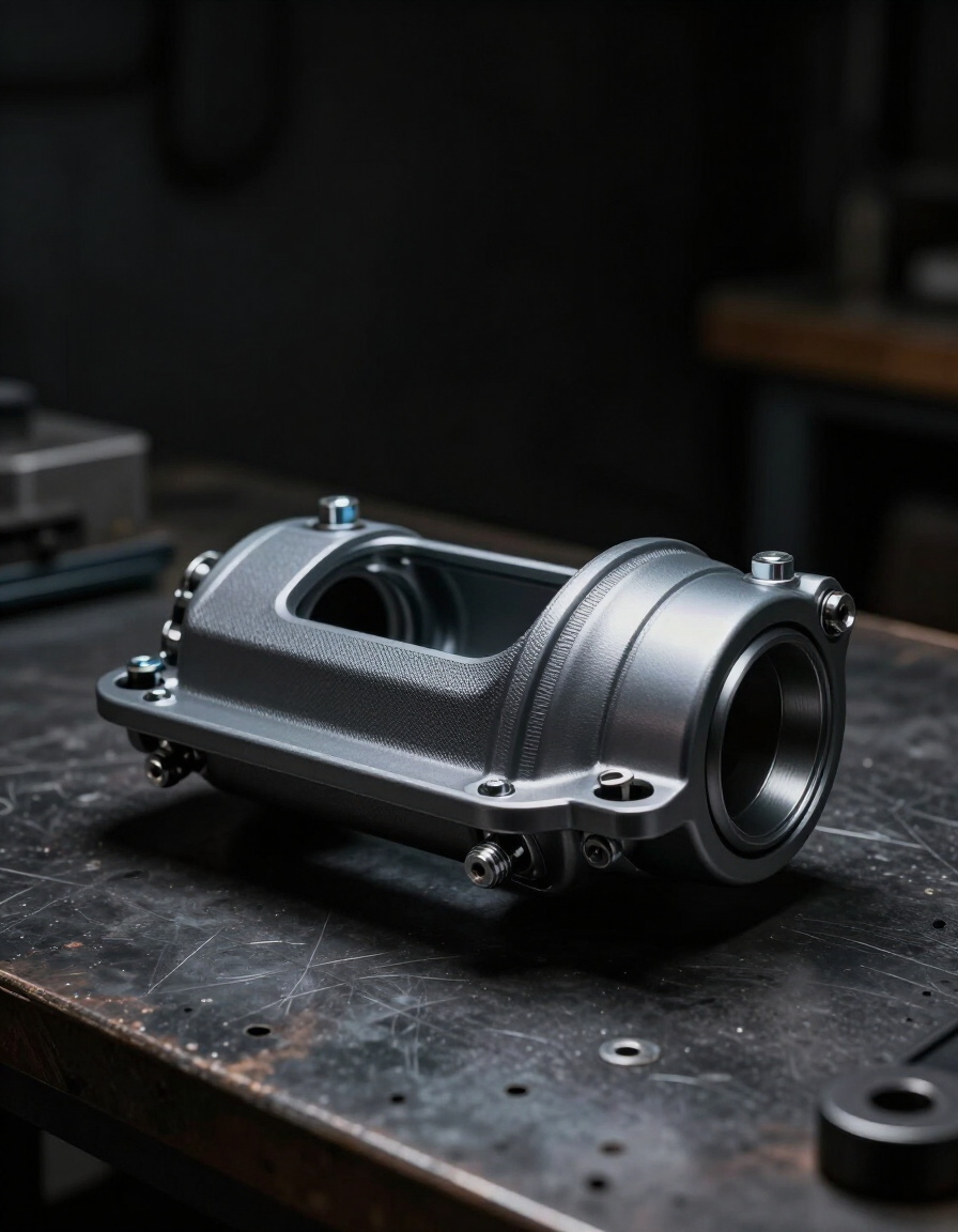 Silver metal mechanical housing on a dark workbench in a workshop setting