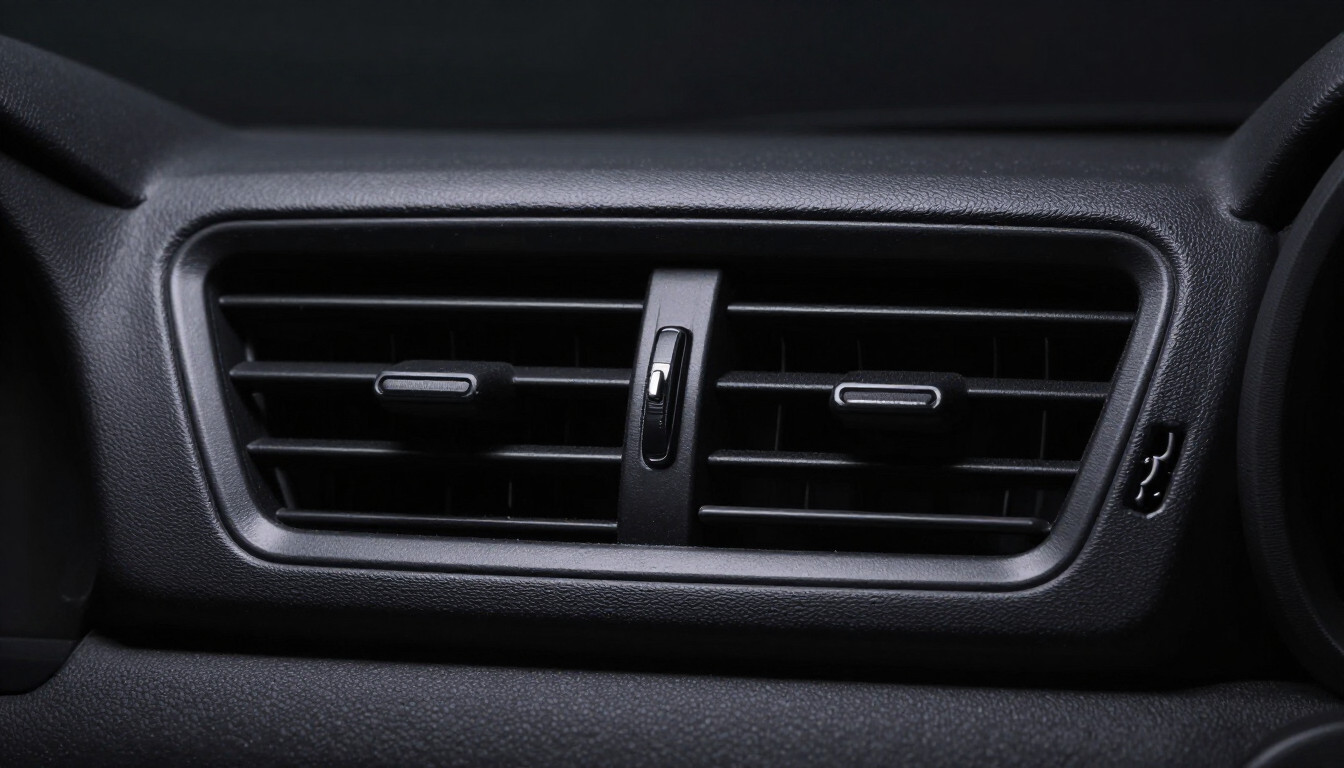 Car dashboard center air vent with black slats and silver adjustment dial