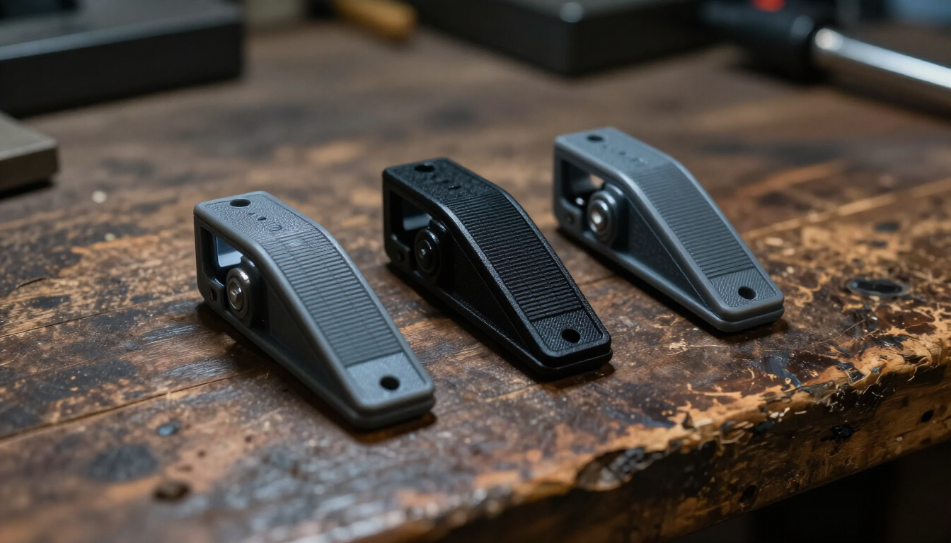 Three folding knives in black and gray on a worn wooden workbench