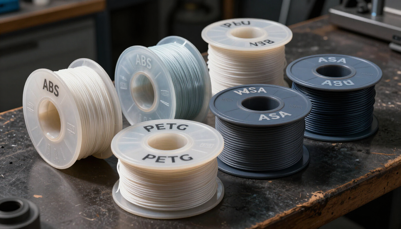 Assorted 3D printer filament spools on a workbench, labeled PETG and ASA in white, gray, and dark blue.