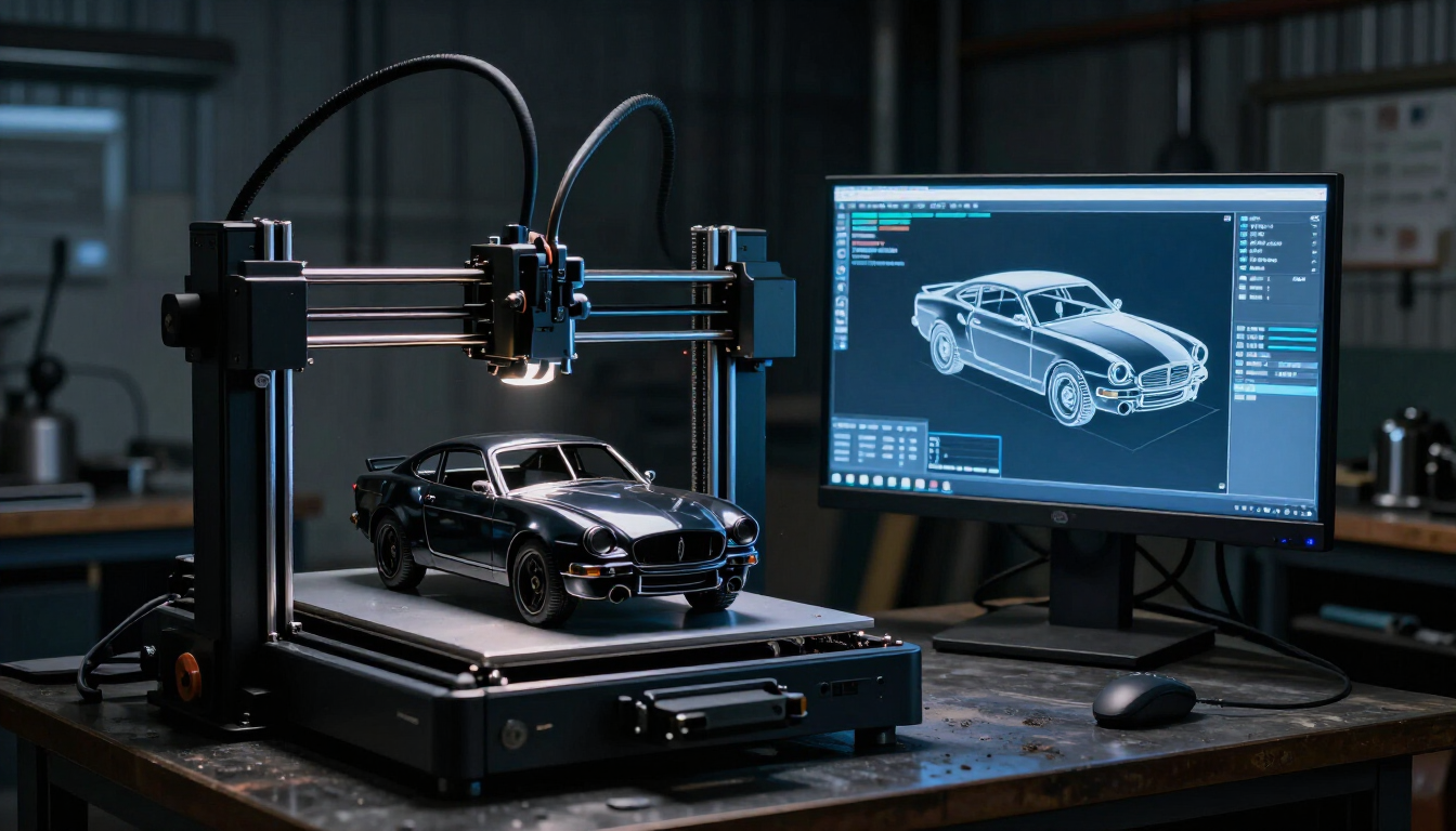 3D printer producing a black sports car model beside a CAD design on a monitor in a dark workshop