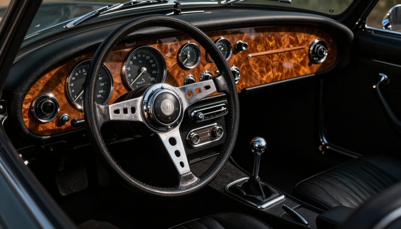 Classic car interior with wooden dashboard, black leather seats, and a chrome steering wheel