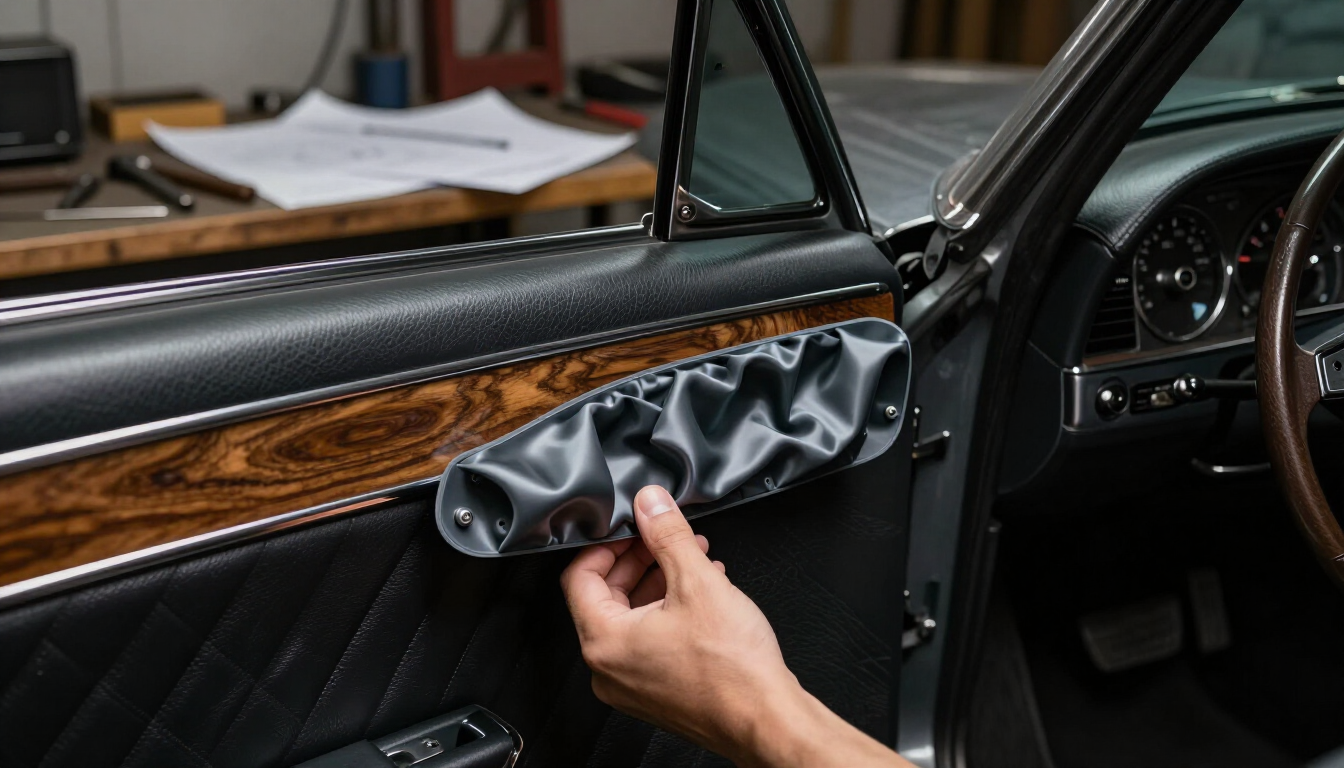Hand wiping a black car door panel with faux wood trim and a black interior