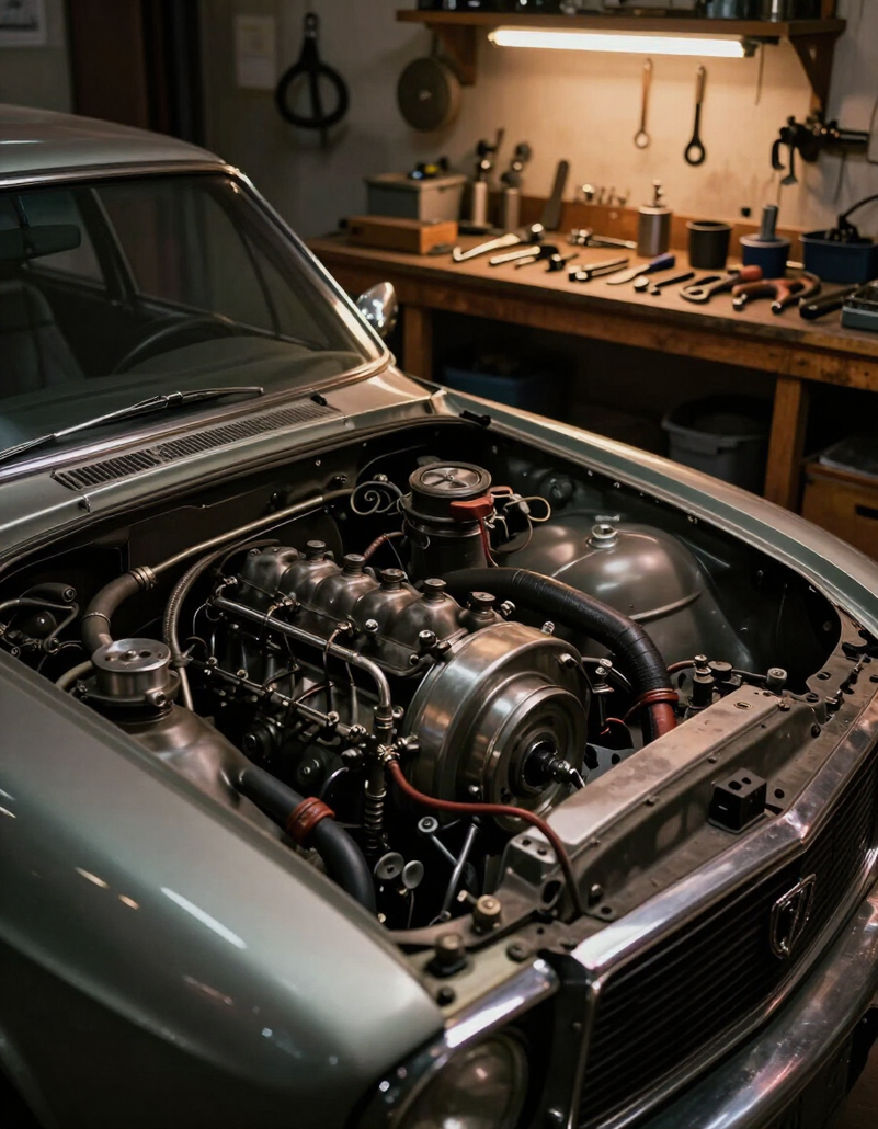 Classic car with exposed engine in a workshop garage, tools on the workbench behind it.