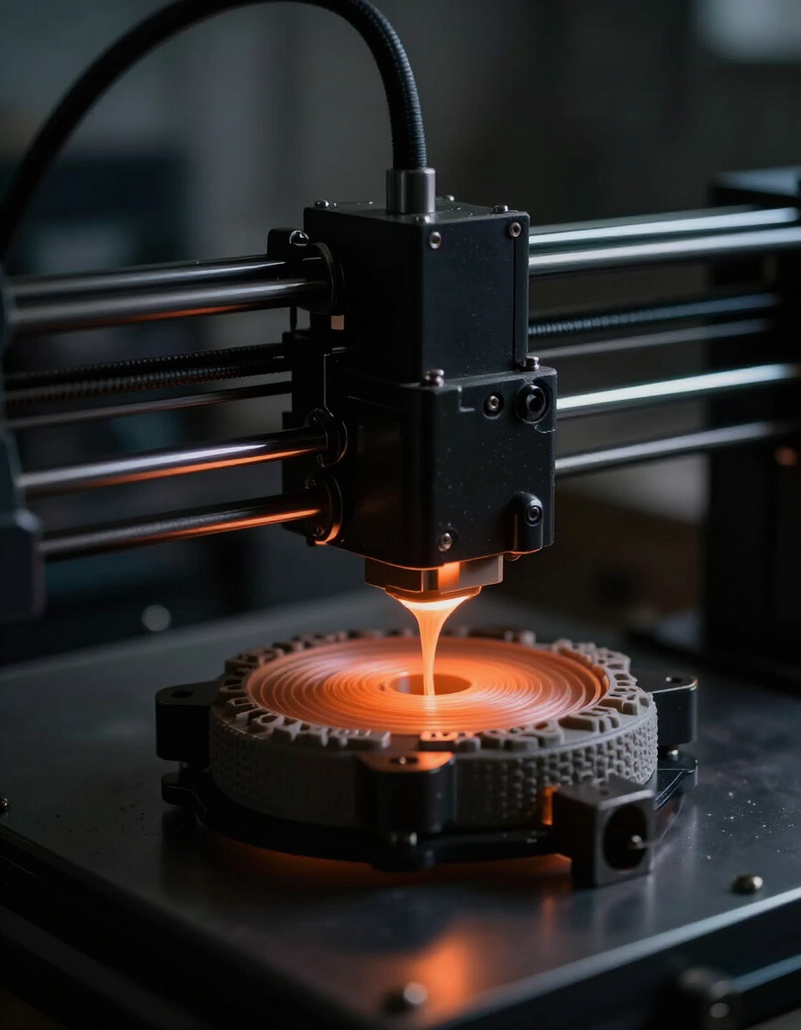 3D printer extruding glowing orange filament onto a circular mechanical part