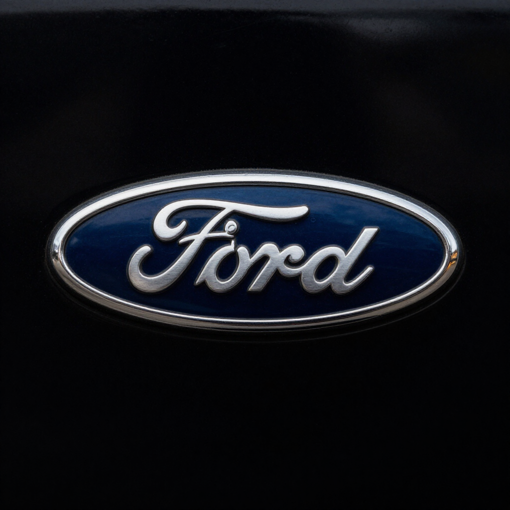 Ford oval logo in white script on a blue badge against a black background