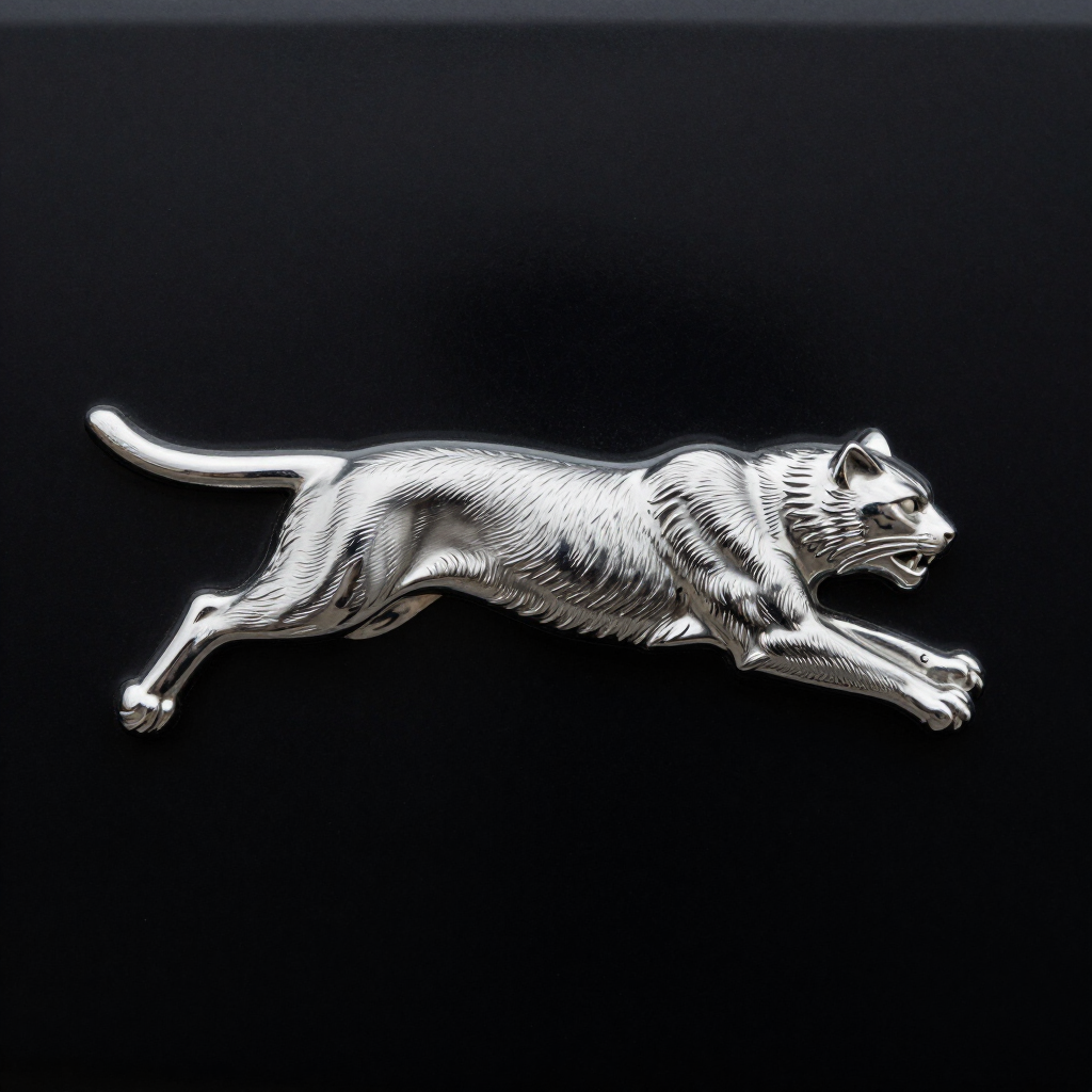 Silver leaping tiger emblem on a black background