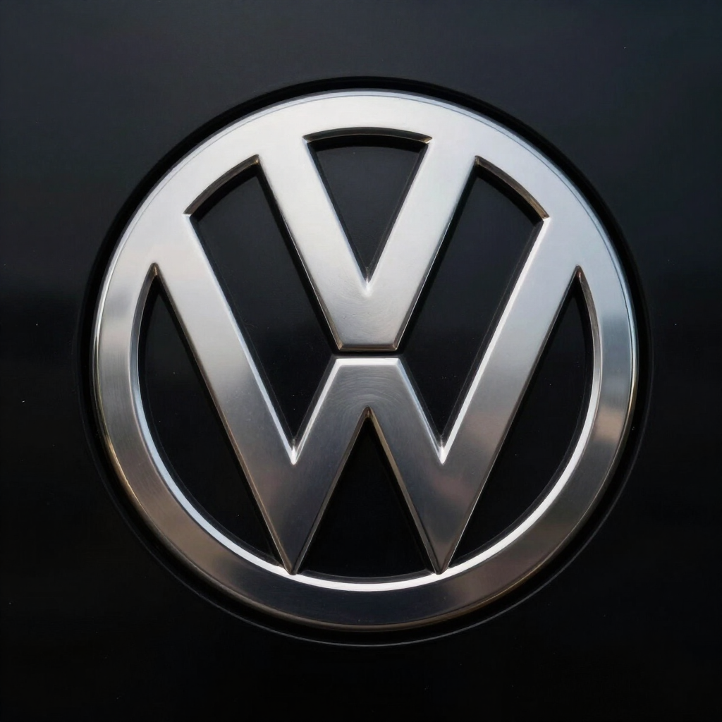 Volkswagen logo in silver and black on a dark background