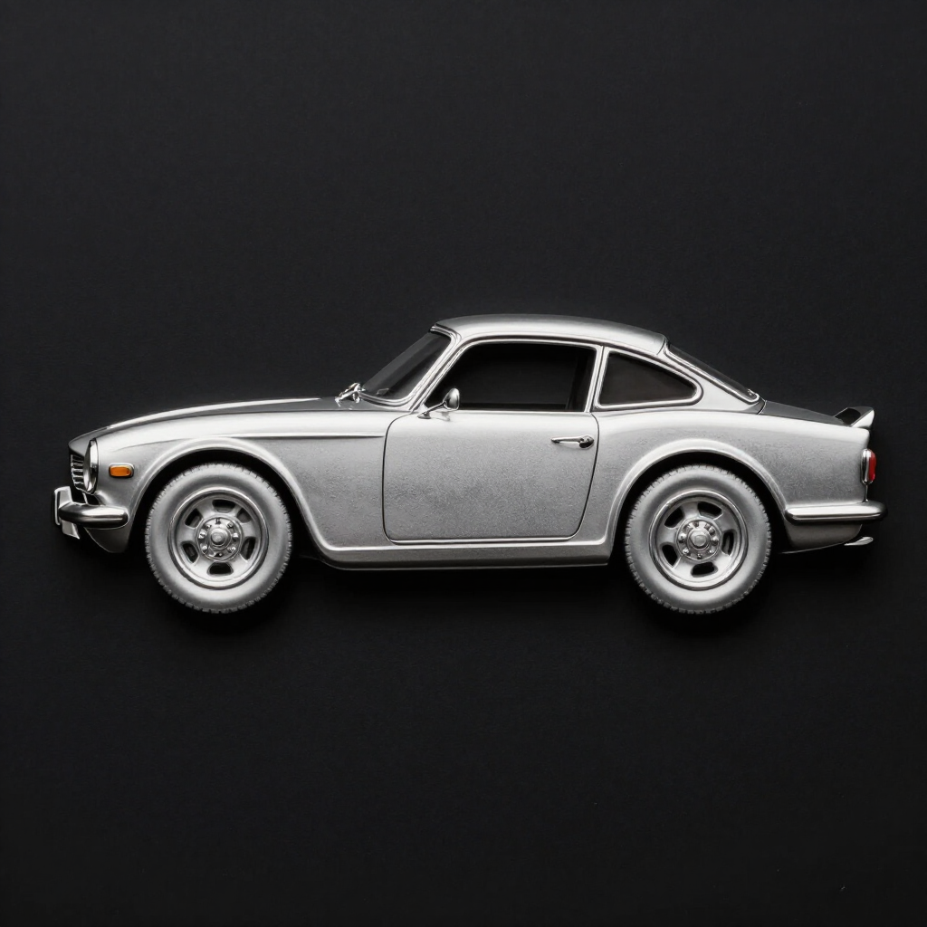 Silver classic sports coupe in side view on a black background