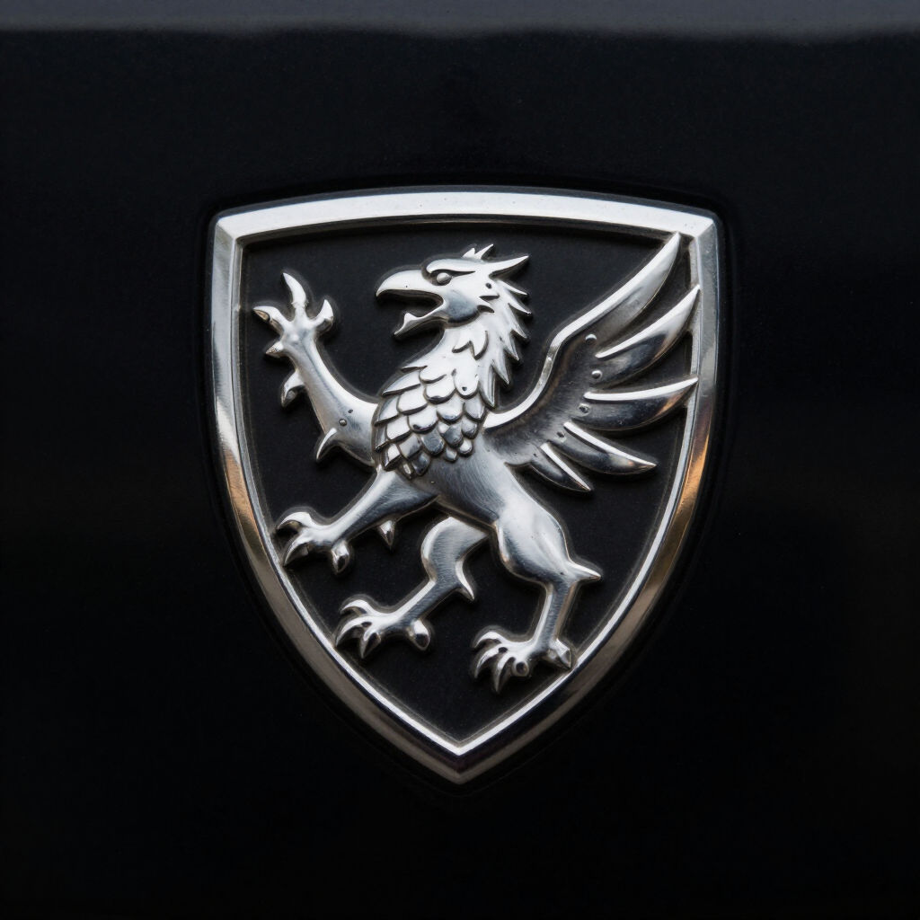 Silver griffin emblem on a black shield-shaped background