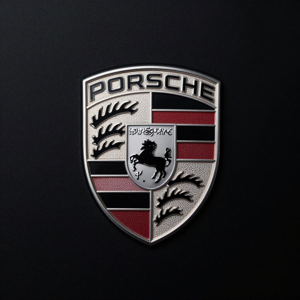Porsche crest logo in silver, black, red, and gold on a dark background