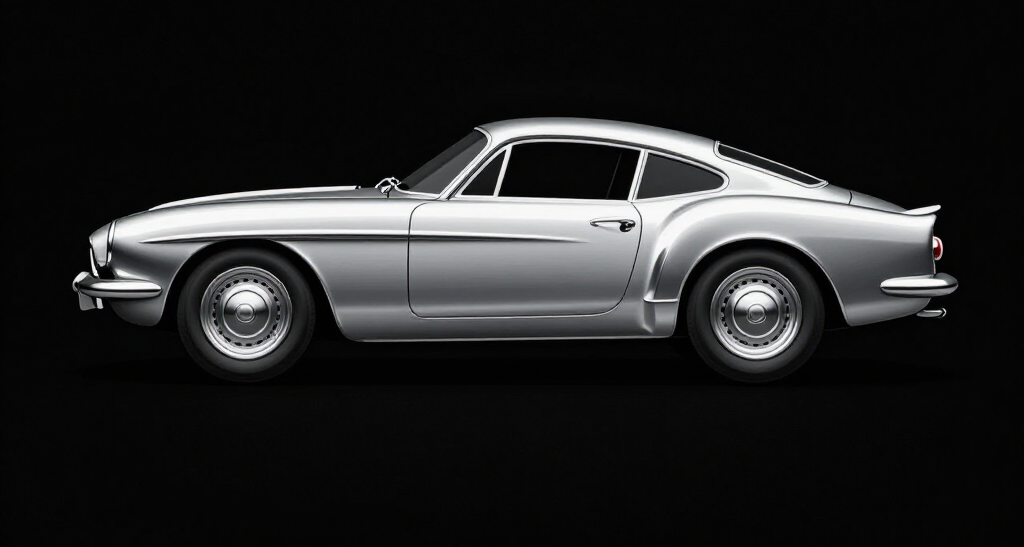 Silver classic sports car in side view on a black background