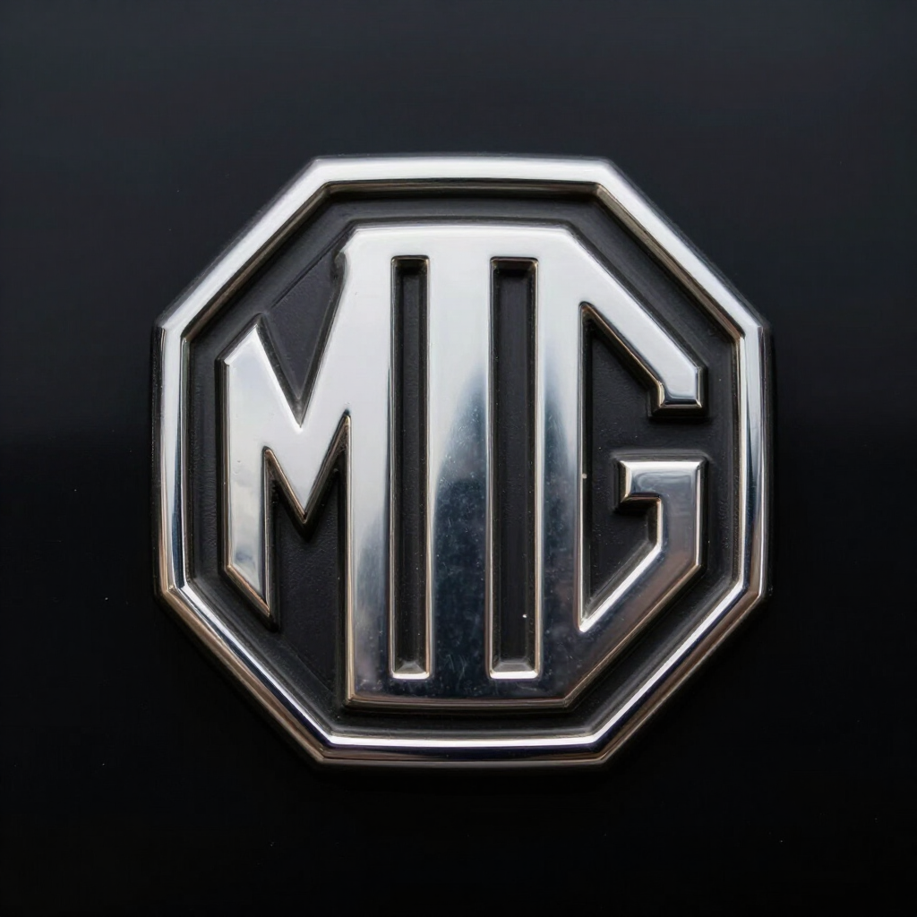 Silver MG octagonal car logo on a dark background