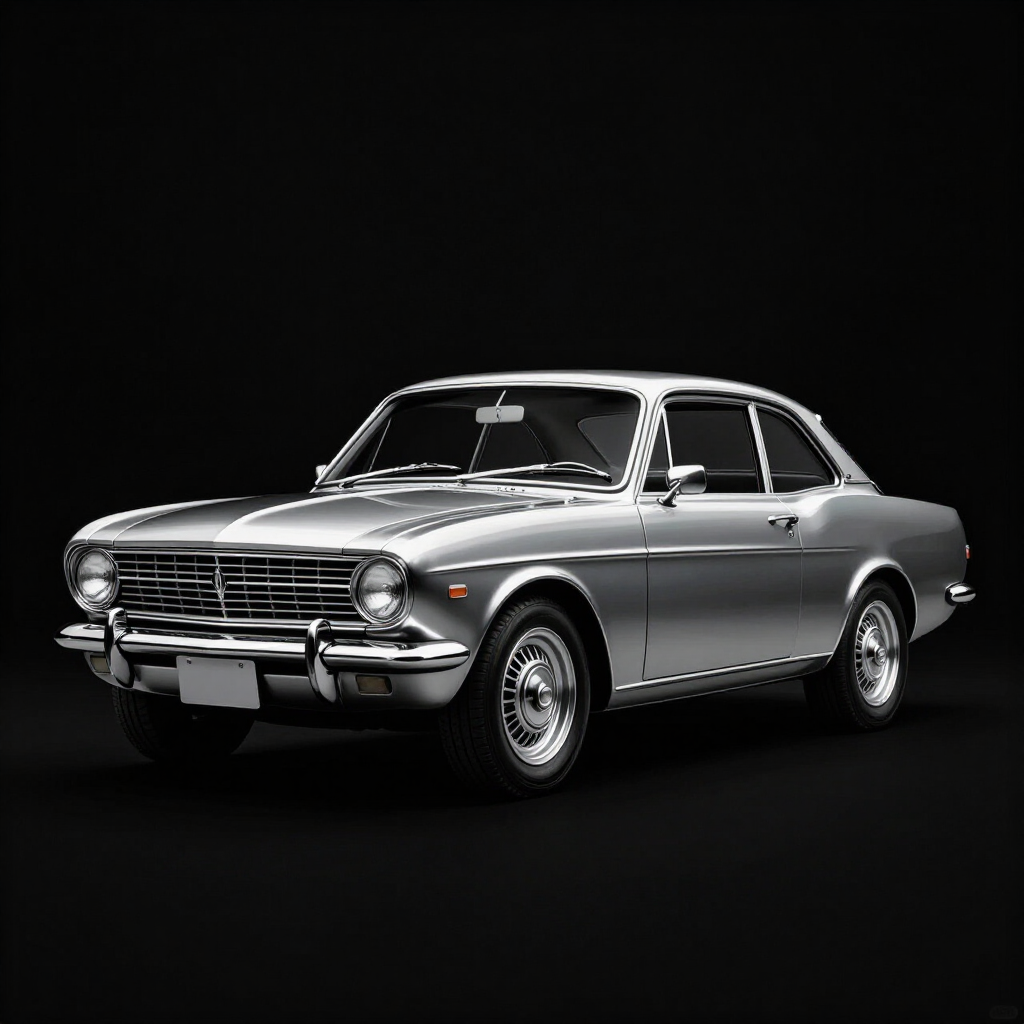 Silver classic coupe on a black background, shown in three-quarter front view.