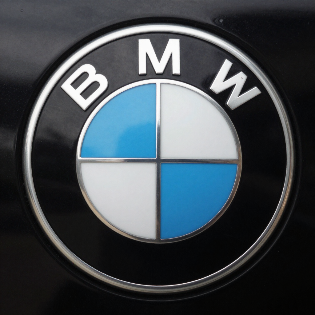 BMW logo on a black background, with blue and white quartered center and silver ring