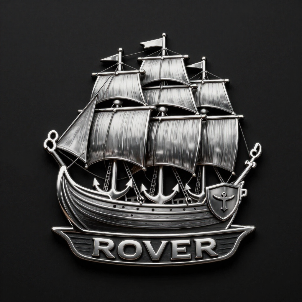Silver sailing ship emblem with the word “ROVER” on a dark background