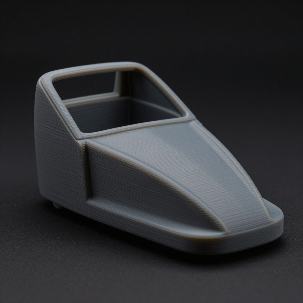 Gray 3D-printed plastic prototype of a small boat-shaped shell on a dark background