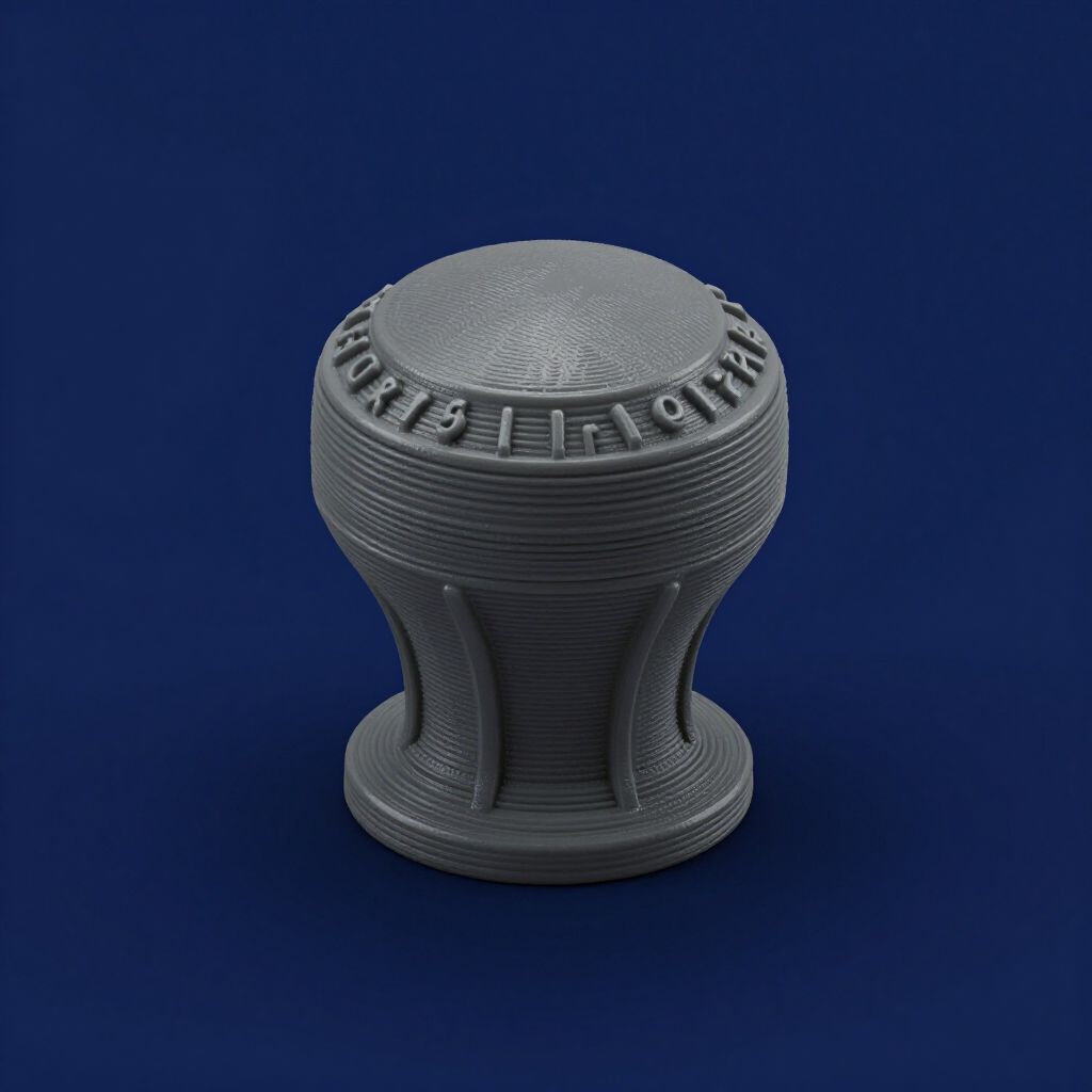 Gray 3D-printed threaded knob with embossed lettering on a blue background