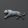 Silver panther logo on a dark gray background, leaping to the right