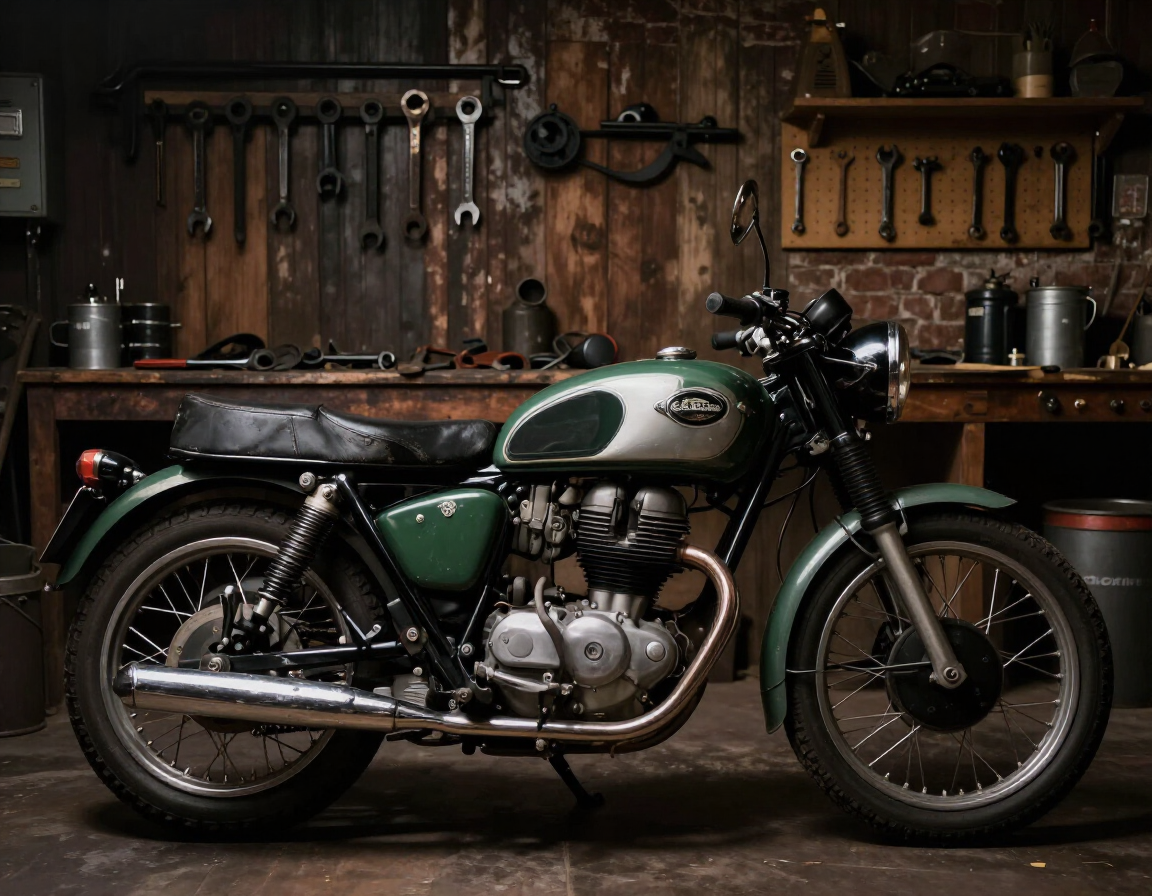 Classic green-and-silver vintage motorcycle in a workshop, with tools and shelves in the background.