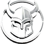 Silver Spartan helmet logo on a white circular background